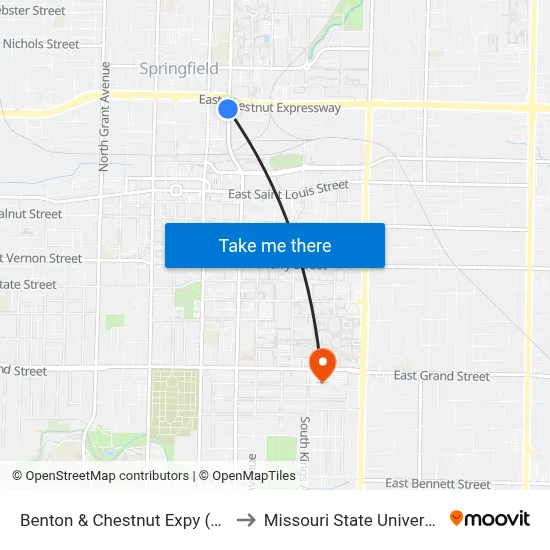Benton & Chestnut Expy (Sw) to Missouri State University map