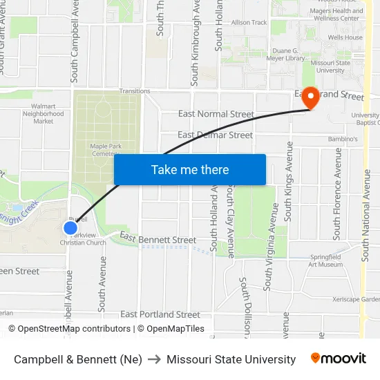 Campbell & Bennett (Ne) to Missouri State University map