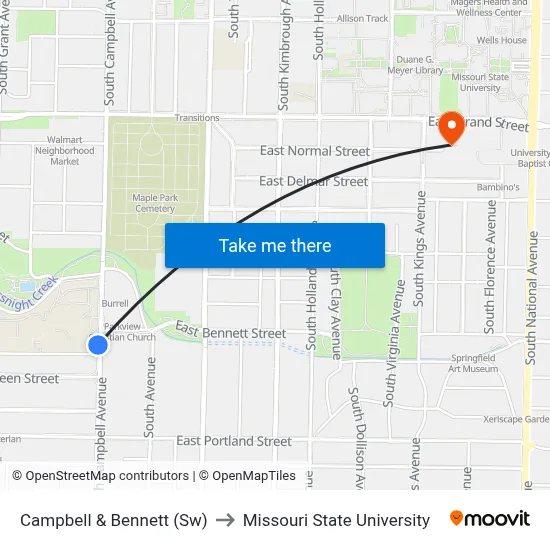 Campbell & Bennett (Sw) to Missouri State University map