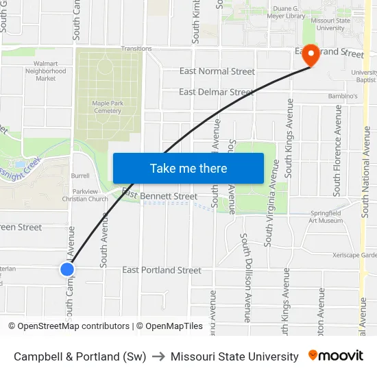 Campbell & Portland (Sw) to Missouri State University map