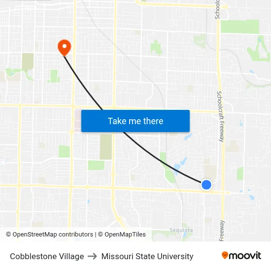 Cobblestone Village to Missouri State University map