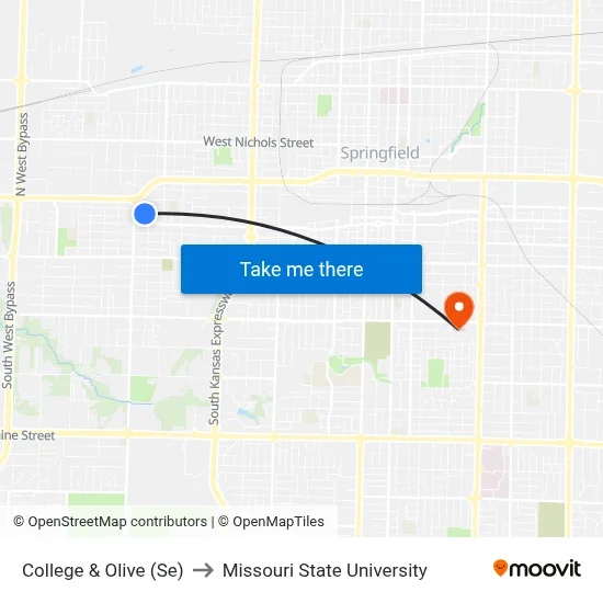 College & Olive (Se) to Missouri State University map