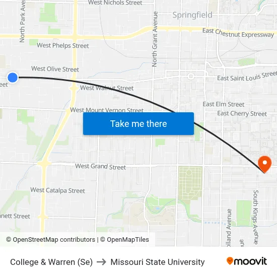 College & Warren (Se) to Missouri State University map