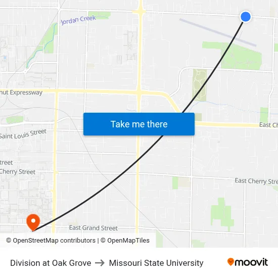 Division at Oak Grove to Missouri State University map