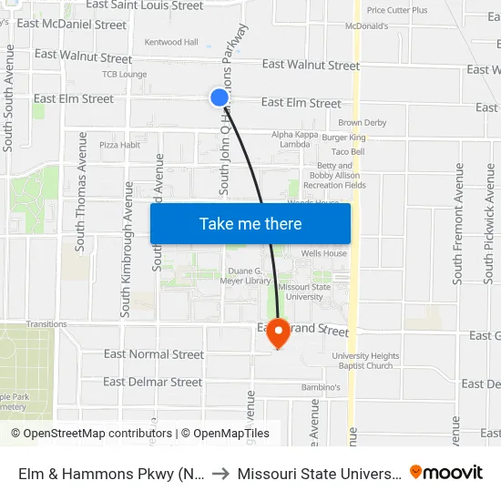 Elm & Hammons Pkwy (Nw) to Missouri State University map