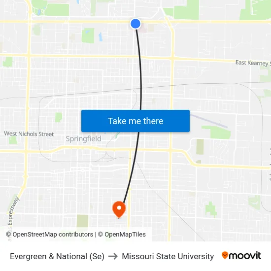 Evergreen & National (Se) to Missouri State University map