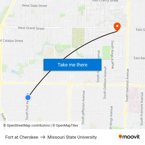 Fort at Cherokee to Missouri State University map