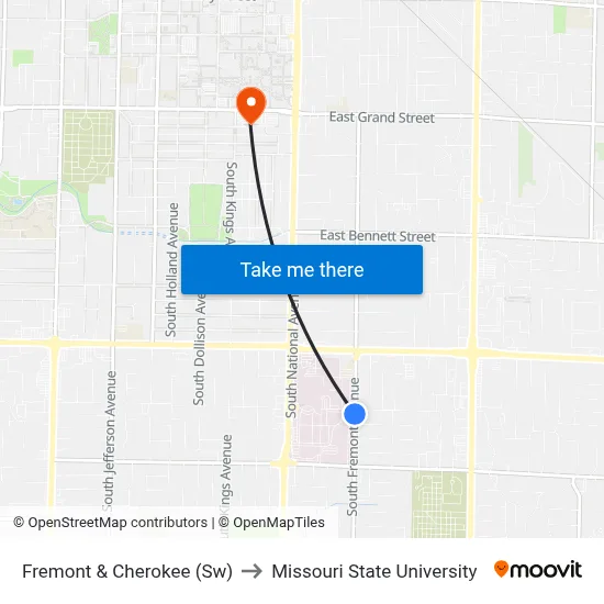 Fremont & Cherokee (Sw) to Missouri State University map