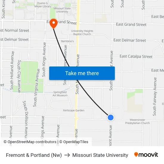 Fremont & Portland (Nw) to Missouri State University map