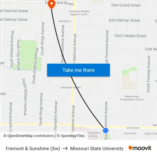 Fremont & Sunshine (Sw) to Missouri State University map
