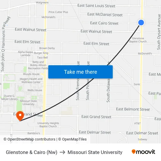 Glenstone & Cairo (Nw) to Missouri State University map