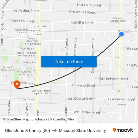 Glenstone & Cherry (Se) to Missouri State University map