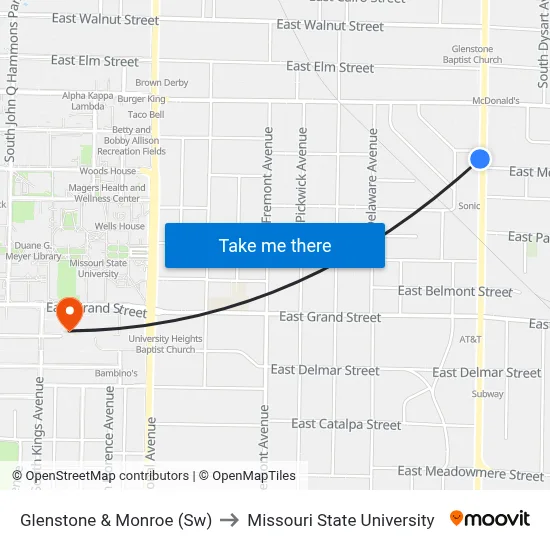 Glenstone & Monroe (Sw) to Missouri State University map