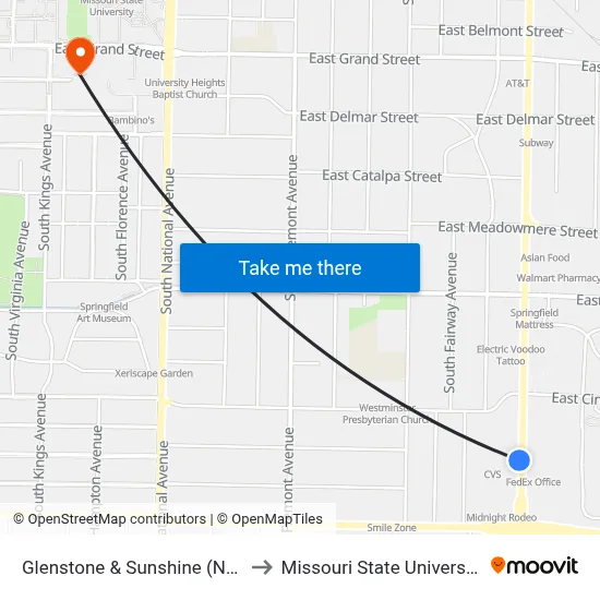 Glenstone & Sunshine (Nw) to Missouri State University map