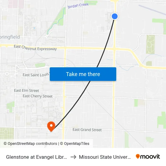 Glenstone at Evangel Library to Missouri State University map