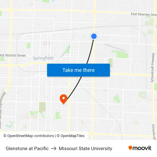 Glenstone at Pacific to Missouri State University map