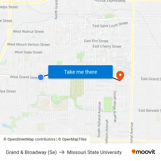 Grand & Broadway (Se) to Missouri State University map