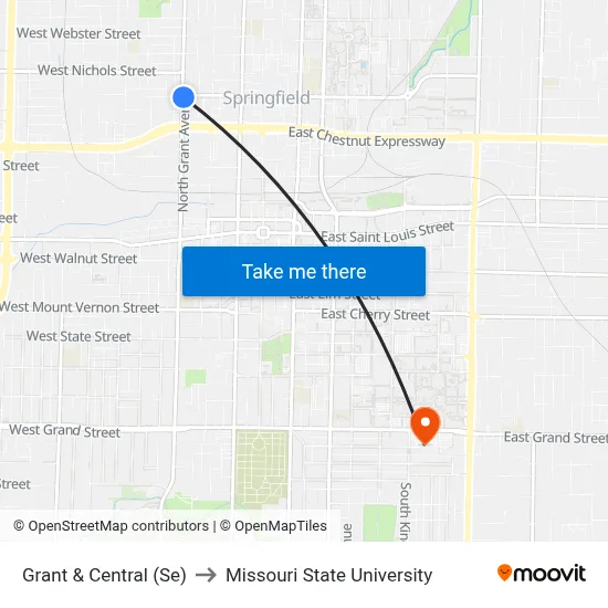 Grant & Central (Se) to Missouri State University map
