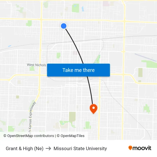 Grant & High (Ne) to Missouri State University map