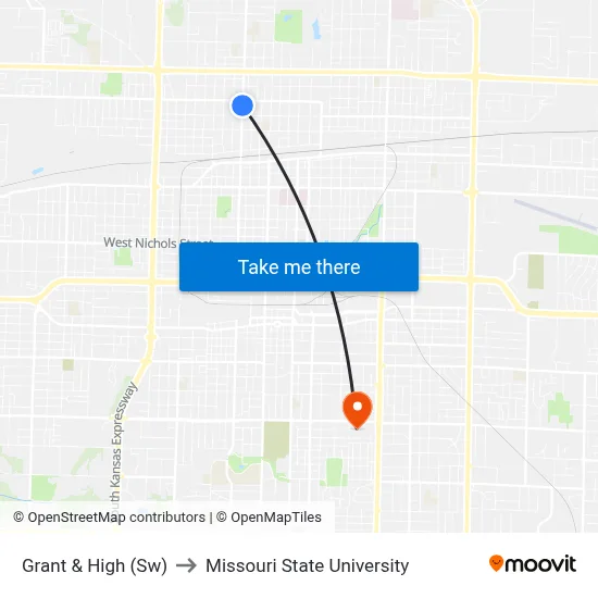 Grant & High (Sw) to Missouri State University map