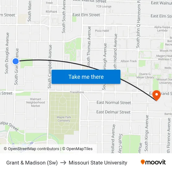 Grant & Madison (Sw) to Missouri State University map