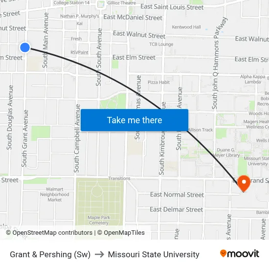 Grant & Pershing (Sw) to Missouri State University map