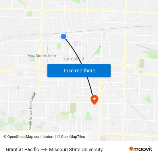Grant at Pacific to Missouri State University map