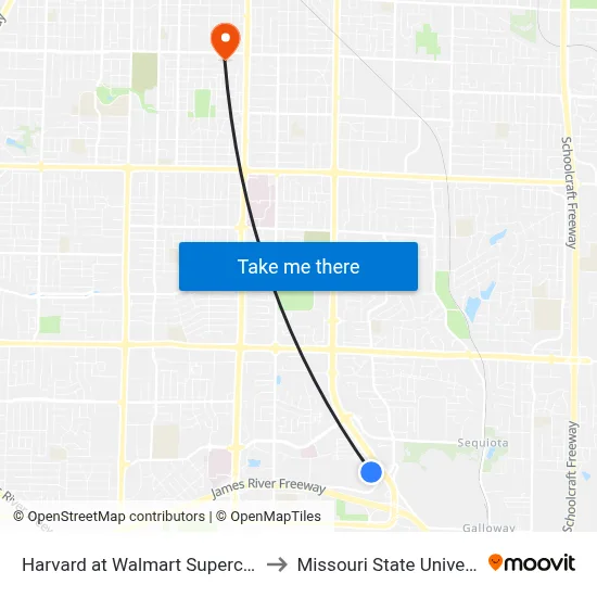Harvard at Walmart Supercenter to Missouri State University map