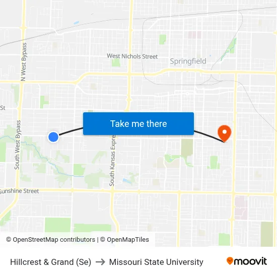 Hillcrest & Grand (Se) to Missouri State University map