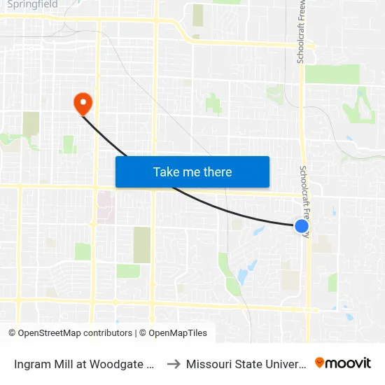 Ingram Mill at Woodgate Apts to Missouri State University map