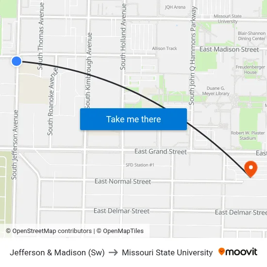 Jefferson & Madison (Sw) to Missouri State University map