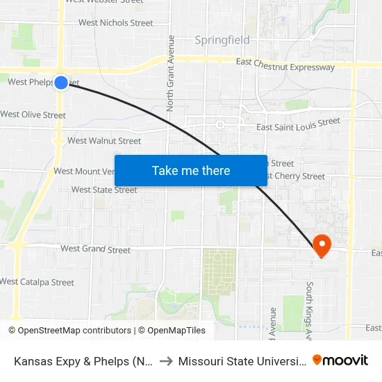 Kansas Expy & Phelps (Ne) to Missouri State University map