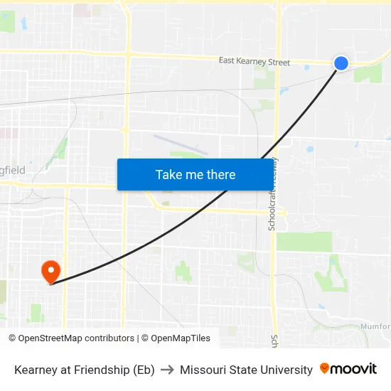 Kearney at Friendship (Eb) to Missouri State University map