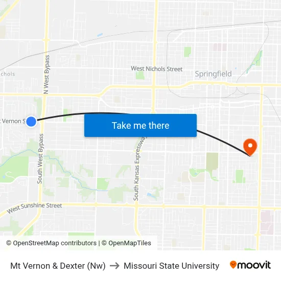 Mt Vernon & Dexter (Nw) to Missouri State University map