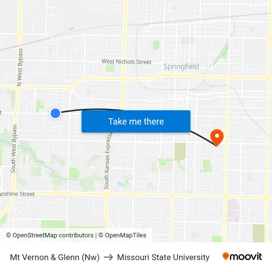 Mt Vernon & Glenn (Nw) to Missouri State University map