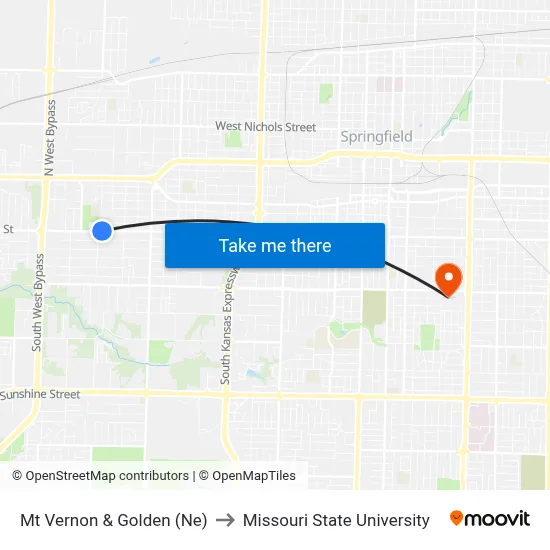 Mt Vernon & Golden (Ne) to Missouri State University map