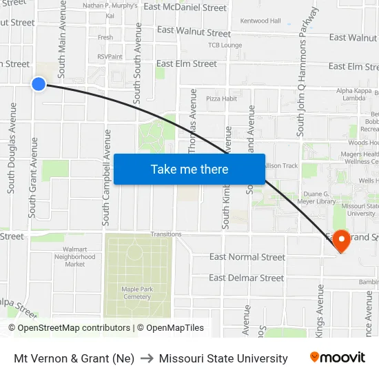 Mt Vernon & Grant (Ne) to Missouri State University map