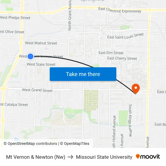 Mt Vernon & Newton (Nw) to Missouri State University map