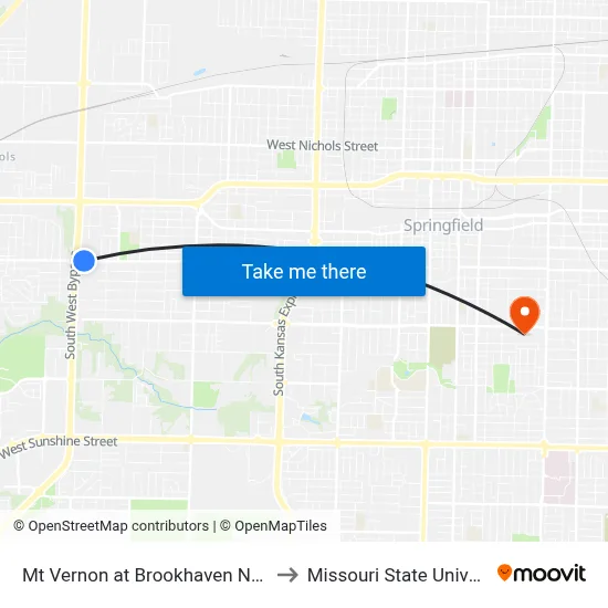 Mt Vernon at Brookhaven Nursing to Missouri State University map