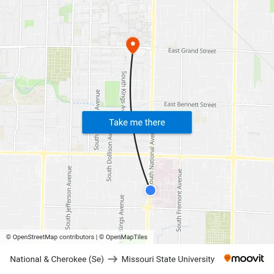 National & Cherokee (Se) to Missouri State University map