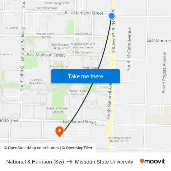 National & Harrison (Sw) to Missouri State University map