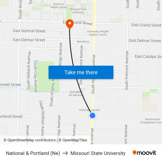 National & Portland (Ne) to Missouri State University map