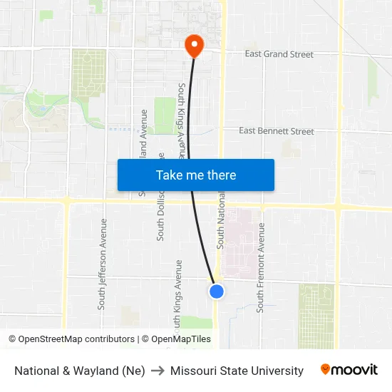 National & Wayland (Ne) to Missouri State University map