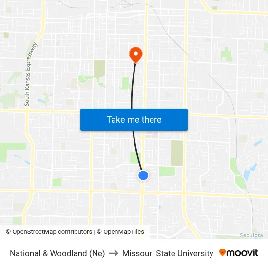 National & Woodland (Ne) to Missouri State University map