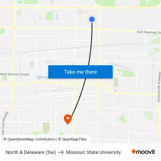 North & Delaware (Sw) to Missouri State University map