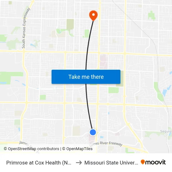 Primrose at Cox Health (North) to Missouri State University map