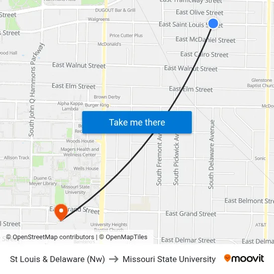 St Louis & Delaware (Nw) to Missouri State University map