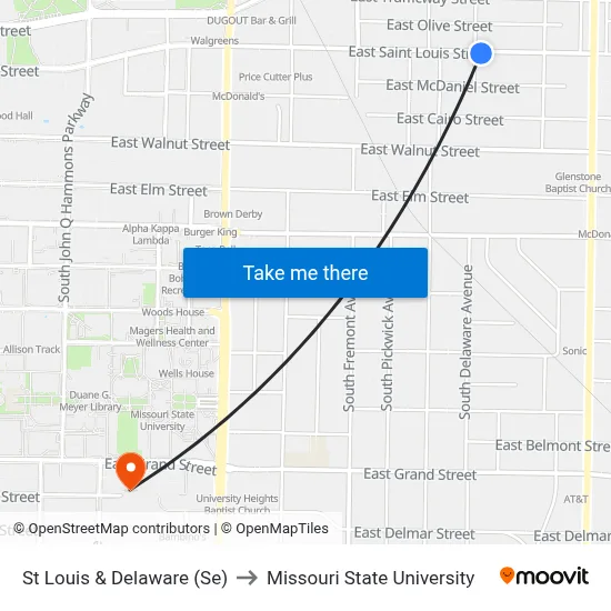 St Louis & Delaware (Se) to Missouri State University map