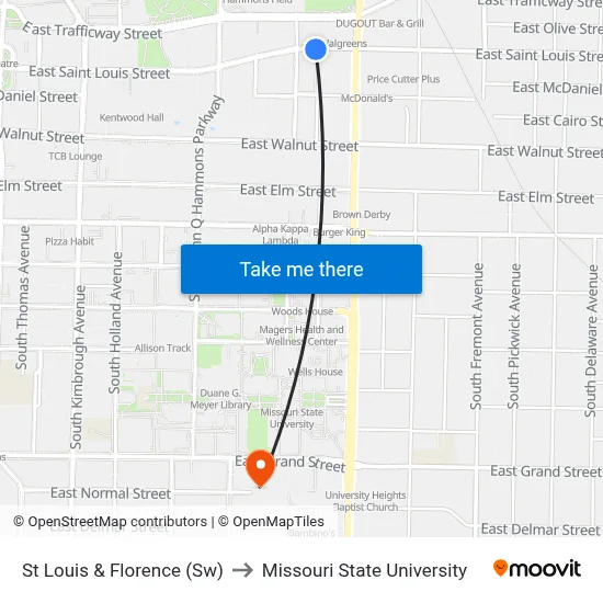St Louis & Florence (Sw) to Missouri State University map