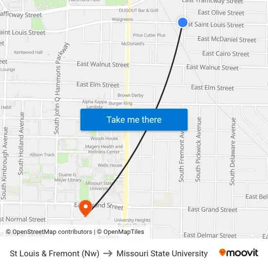St Louis & Fremont (Nw) to Missouri State University map